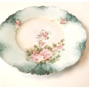 Antique Pink & Green Plate  Scalloped Edge Gold Trim Porcelain Circa 1920s